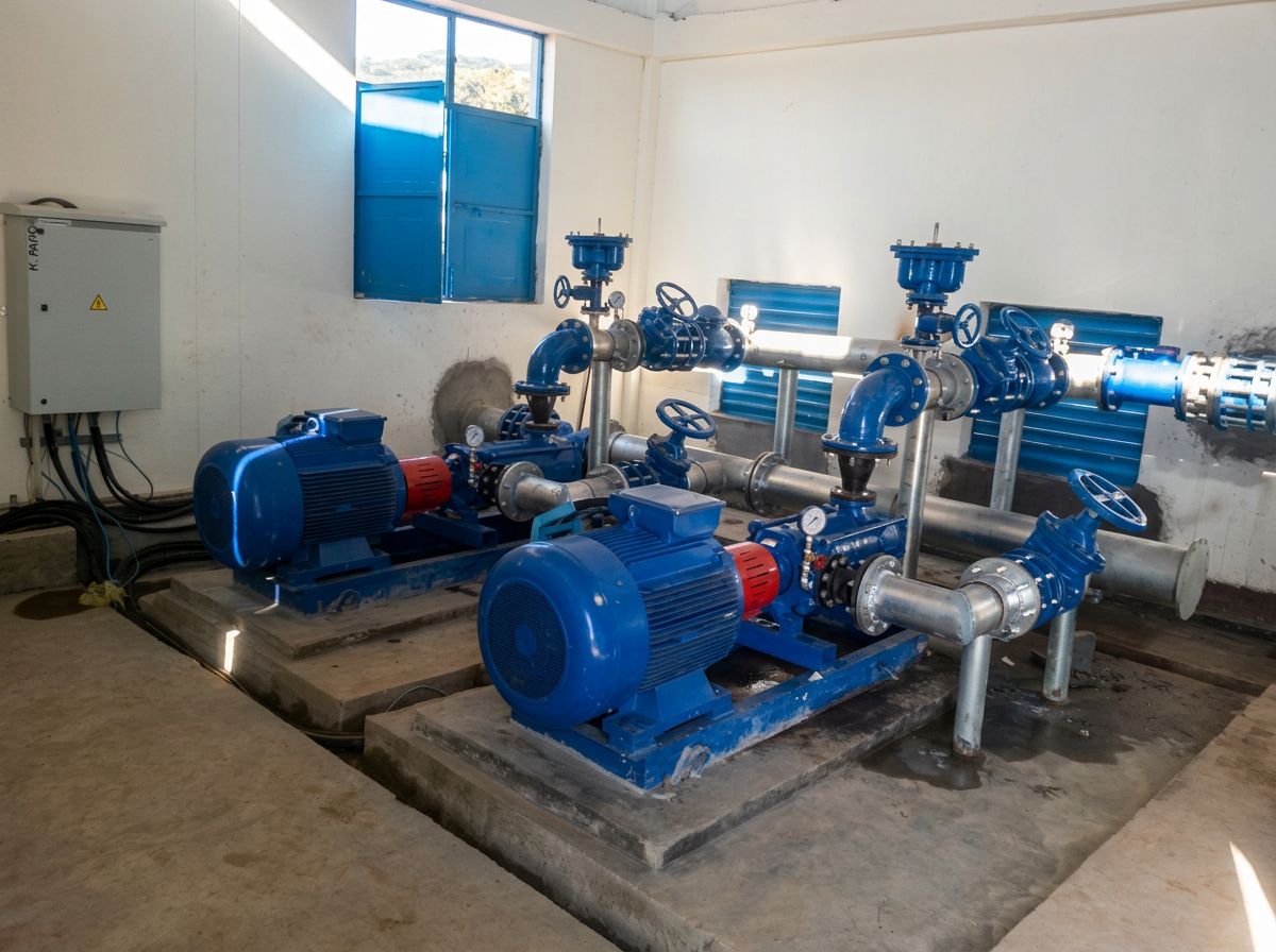Blue water pumps and stainless steel pipework in a pump station
